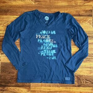 Life Is Good Blue Long Sleeve V Neck Shirt Peace Joyful Beautiful Womens Size M